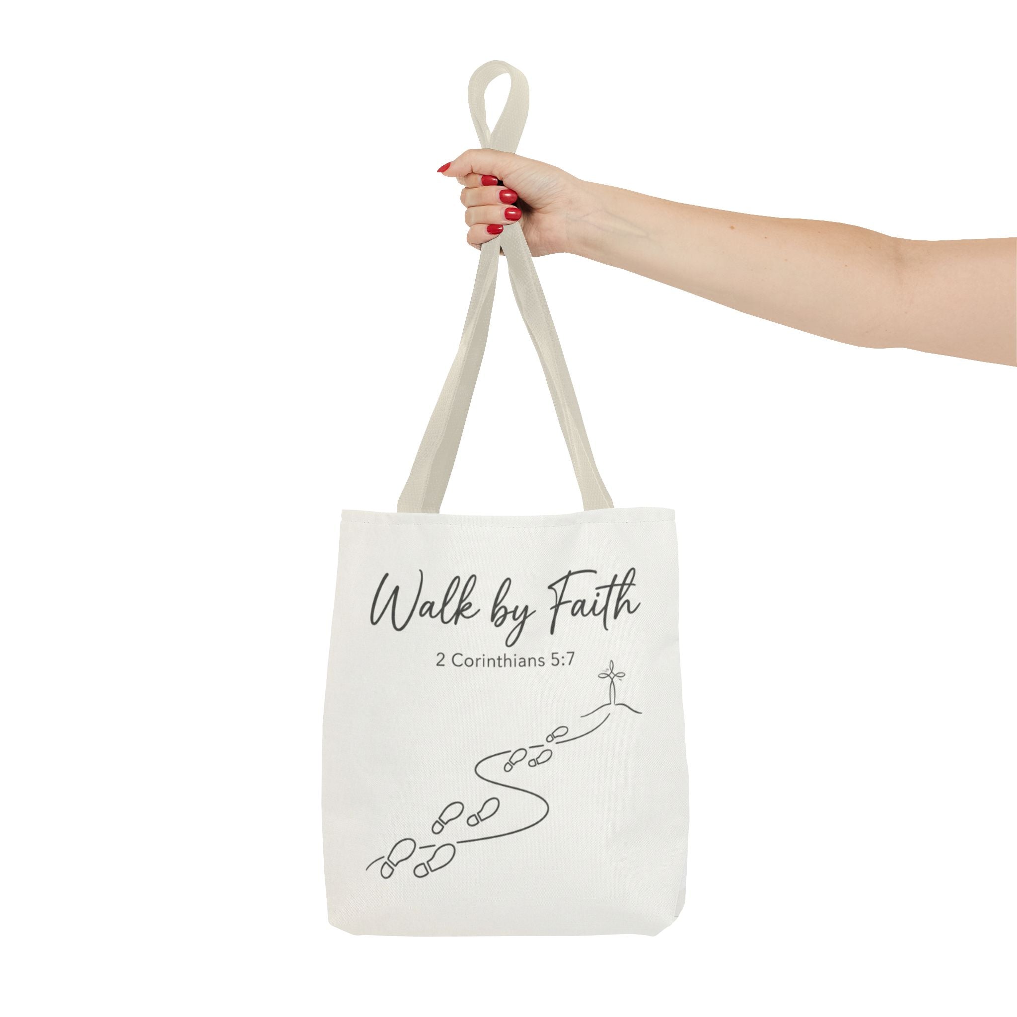Walk by Faith Tote Bag — Inspirational Christian Scripture 2 Corinthians 5:7 Canvas Tote