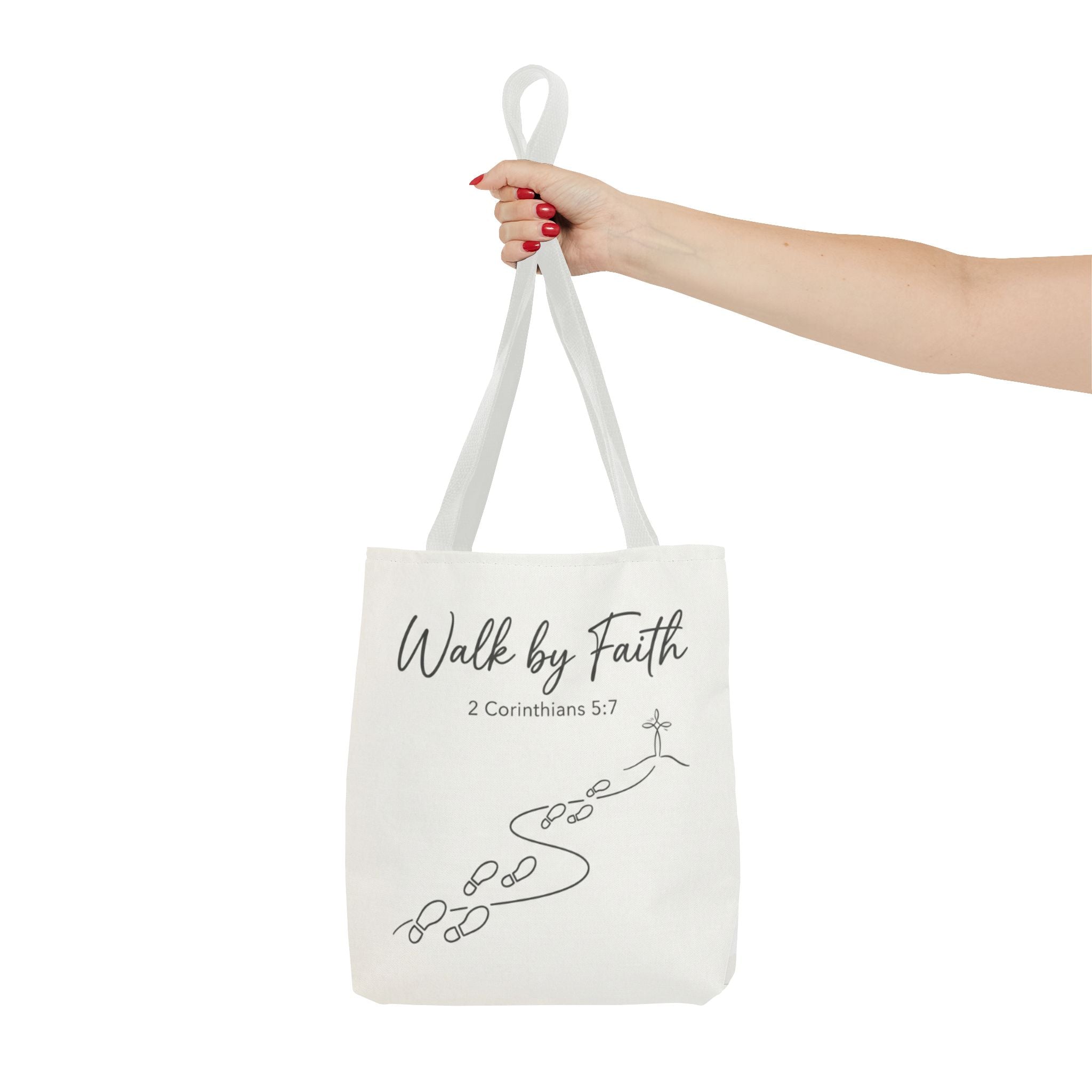 Walk by Faith Tote Bag — Inspirational Christian Scripture 2 Corinthians 5:7 Canvas Tote
