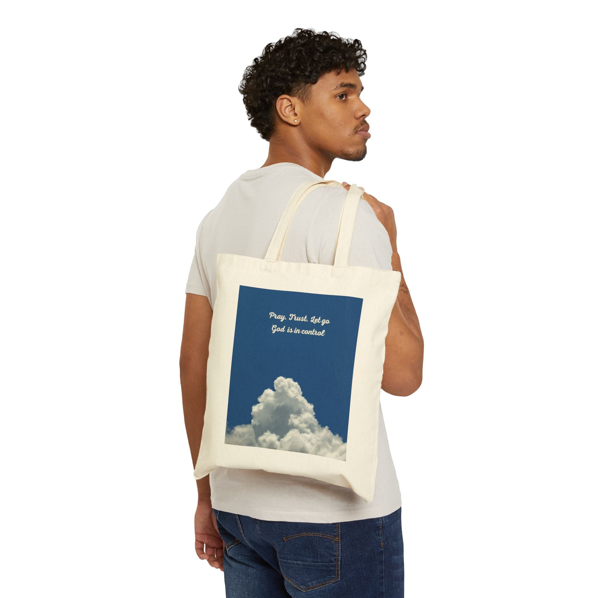 Tote Bag — "Pray. Trust. Let go. God is in control" Cloud Print