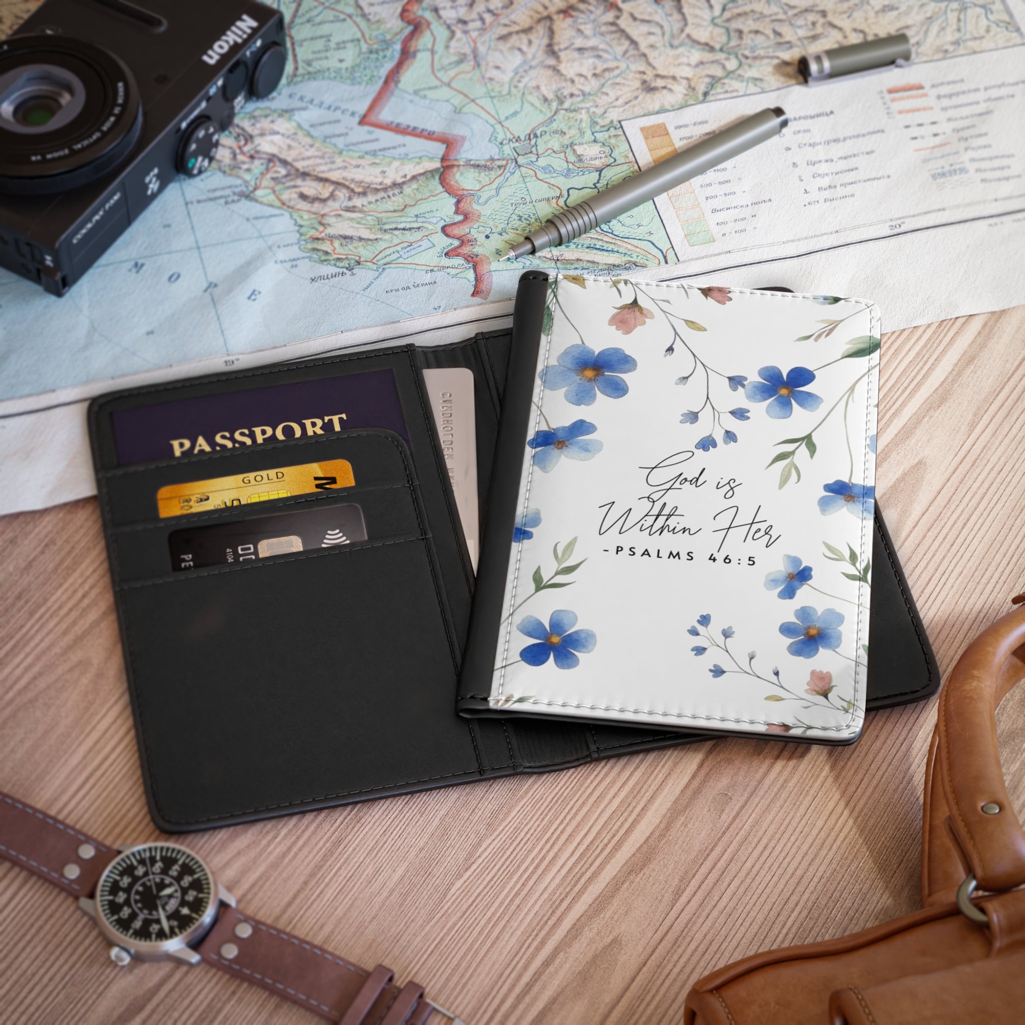 Floral "God is Within Her" Passport Cover — Psalms 46:5 Christian Travel Wallet