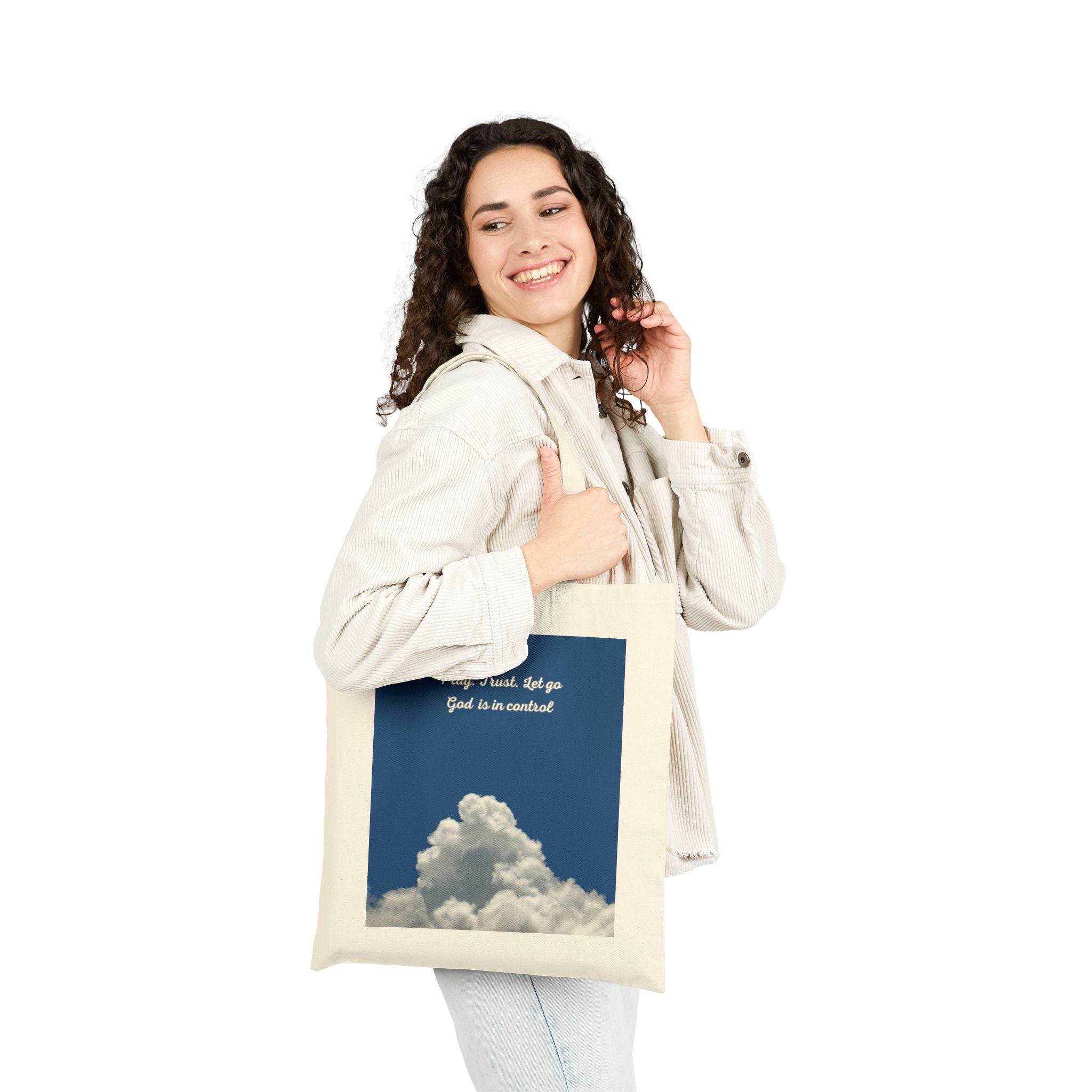 Tote Bag — "Pray. Trust. Let go. God is in control" Cloud Print