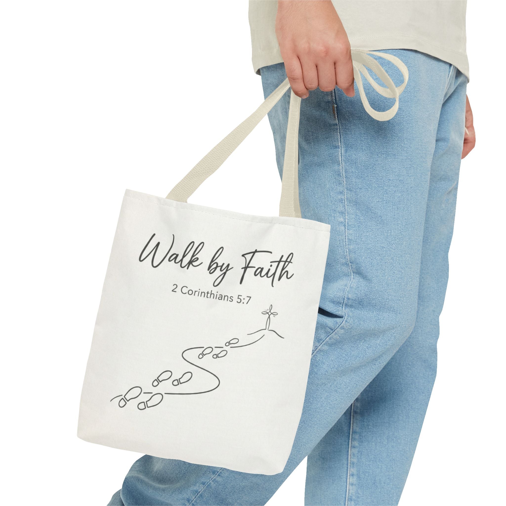 Walk by Faith Tote Bag — Inspirational Christian Scripture 2 Corinthians 5:7 Canvas Tote