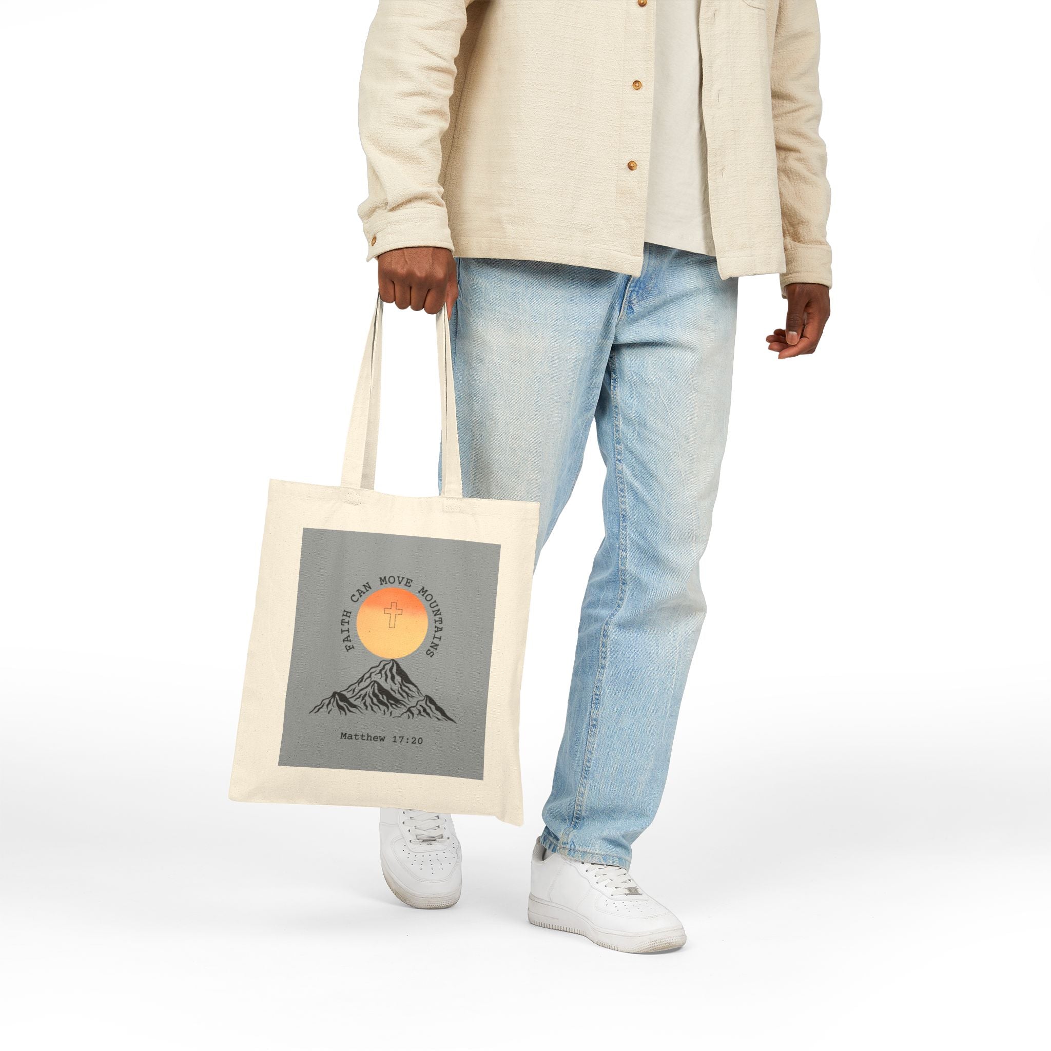 Canvas Tote Bag — 'Faith Can Move Mountains' Mountain Sunrise Bible Verse Tote (Matthew 17:20)