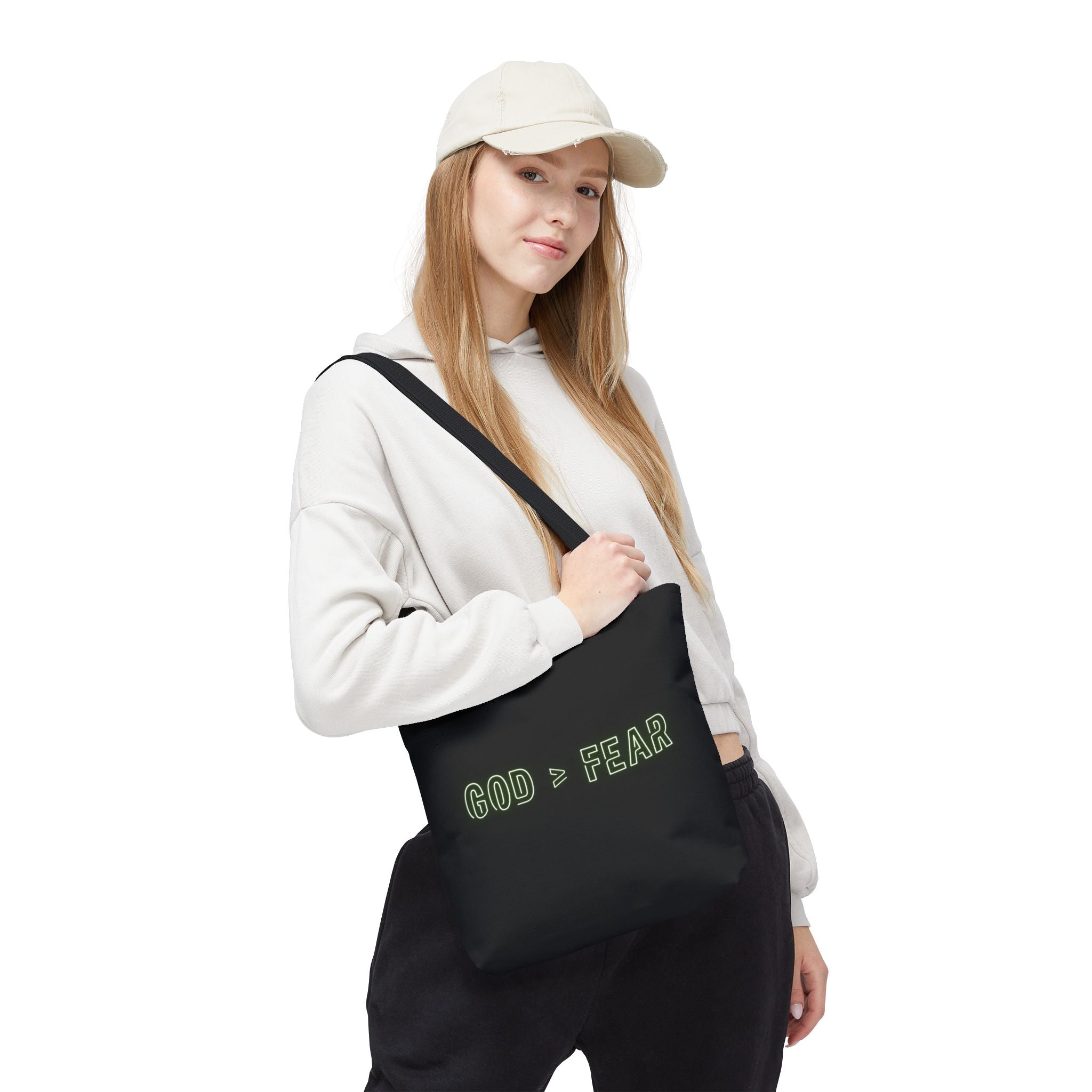 God & Faith Tote Bag — "GOD > FEAR" Inspirational Christian Canvas Tote