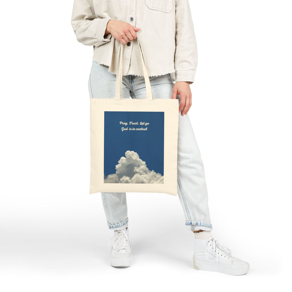 Tote Bag — "Pray. Trust. Let go. God is in control" Cloud Print