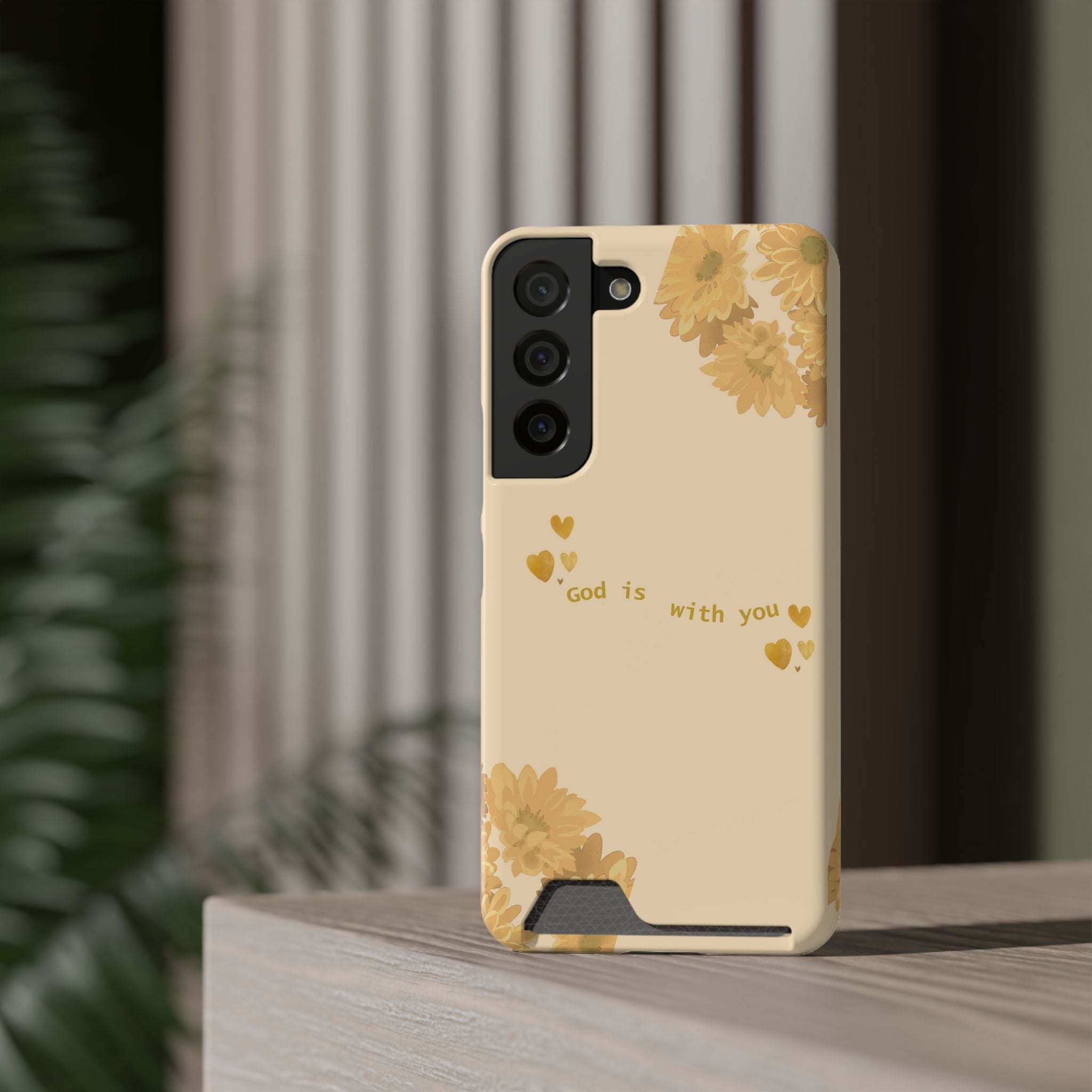 Sunflower Phone Card Case — "God Is With You" Religious Floral Wallet Case