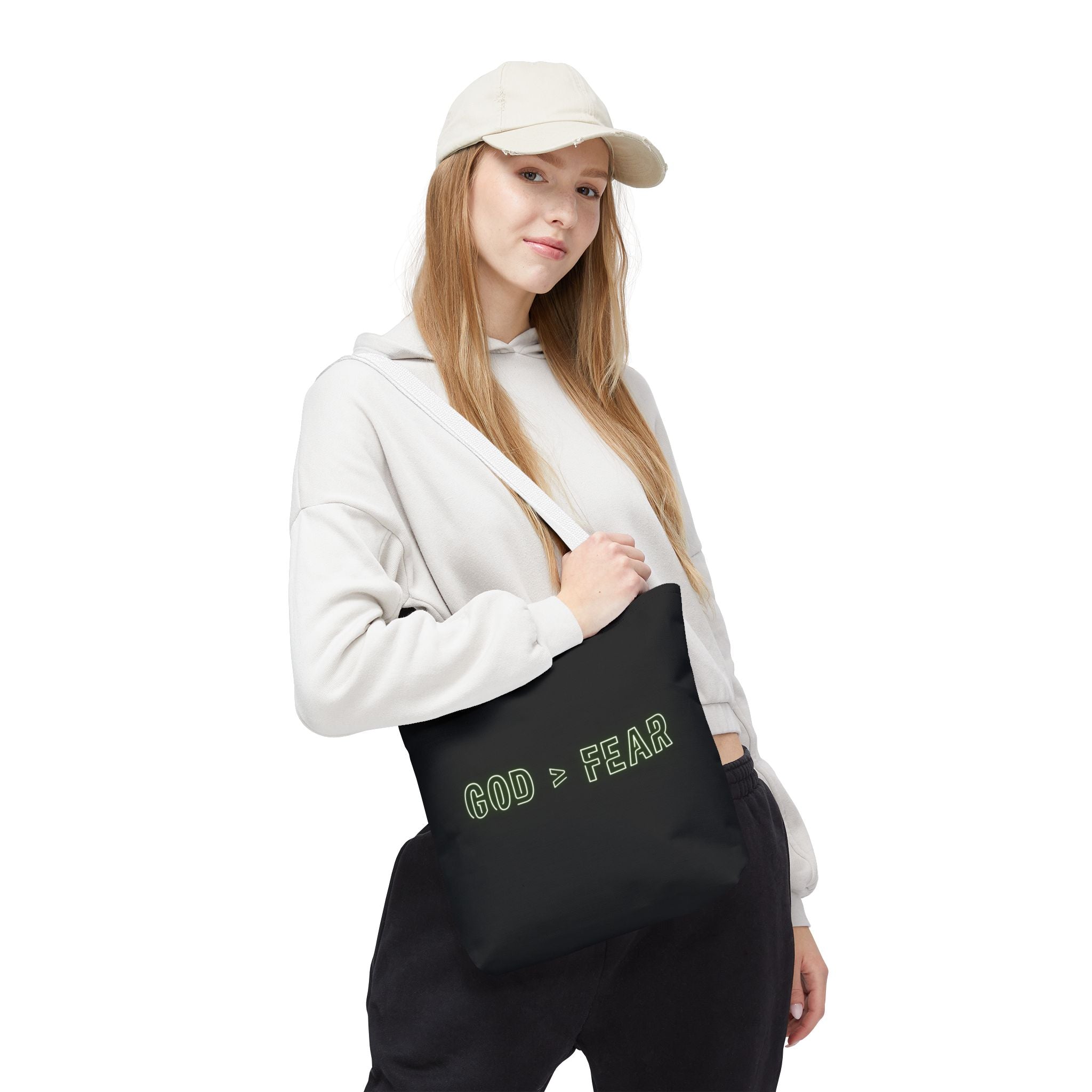God & Faith Tote Bag — "GOD > FEAR" Inspirational Christian Canvas Tote