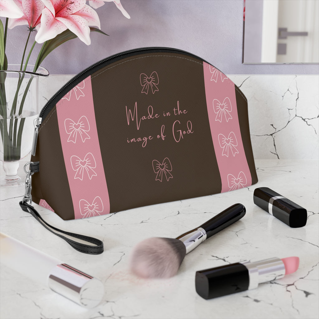 Makeup Bag — "Made in the Image of God" Brown & Pink Cosmetic Pouch