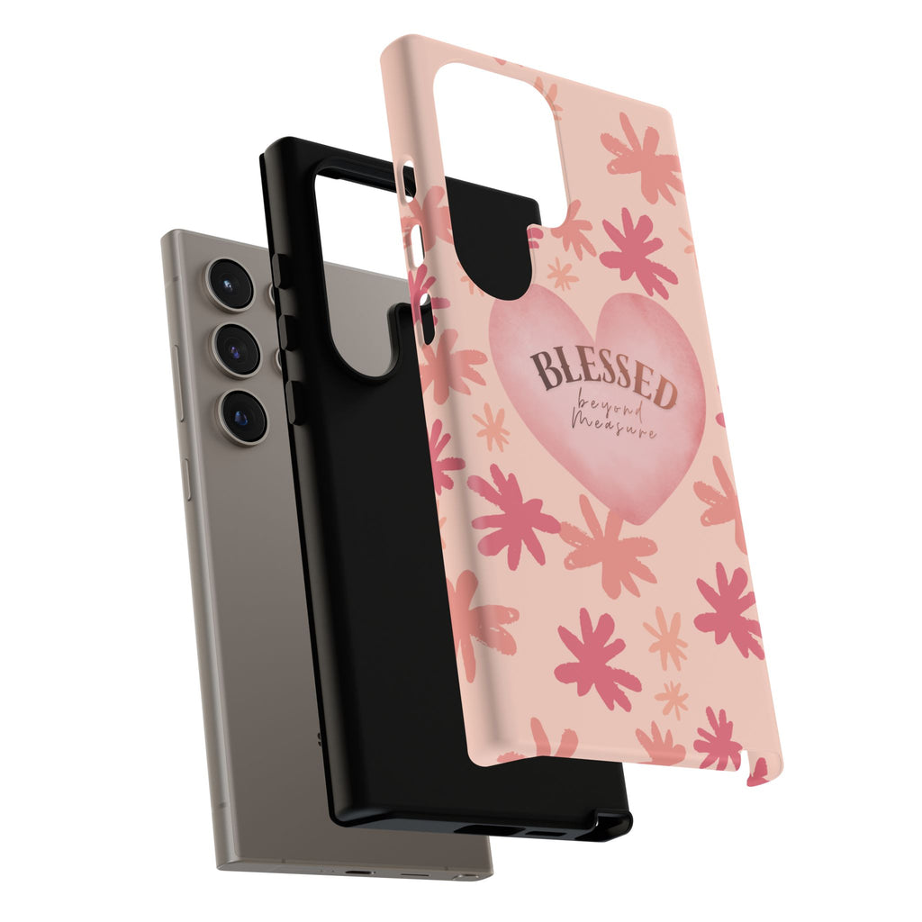 Blessed Heart Floral Phone Case — Pink 'Blessed Beyond Measure' Protective Tough Case