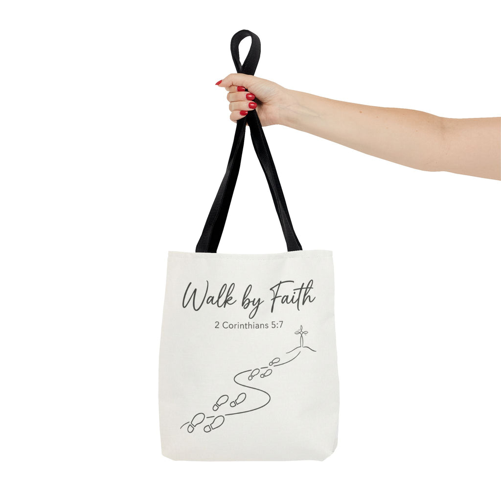 Walk by Faith Tote Bag — Inspirational Christian Scripture 2 Corinthians 5:7 Canvas Tote