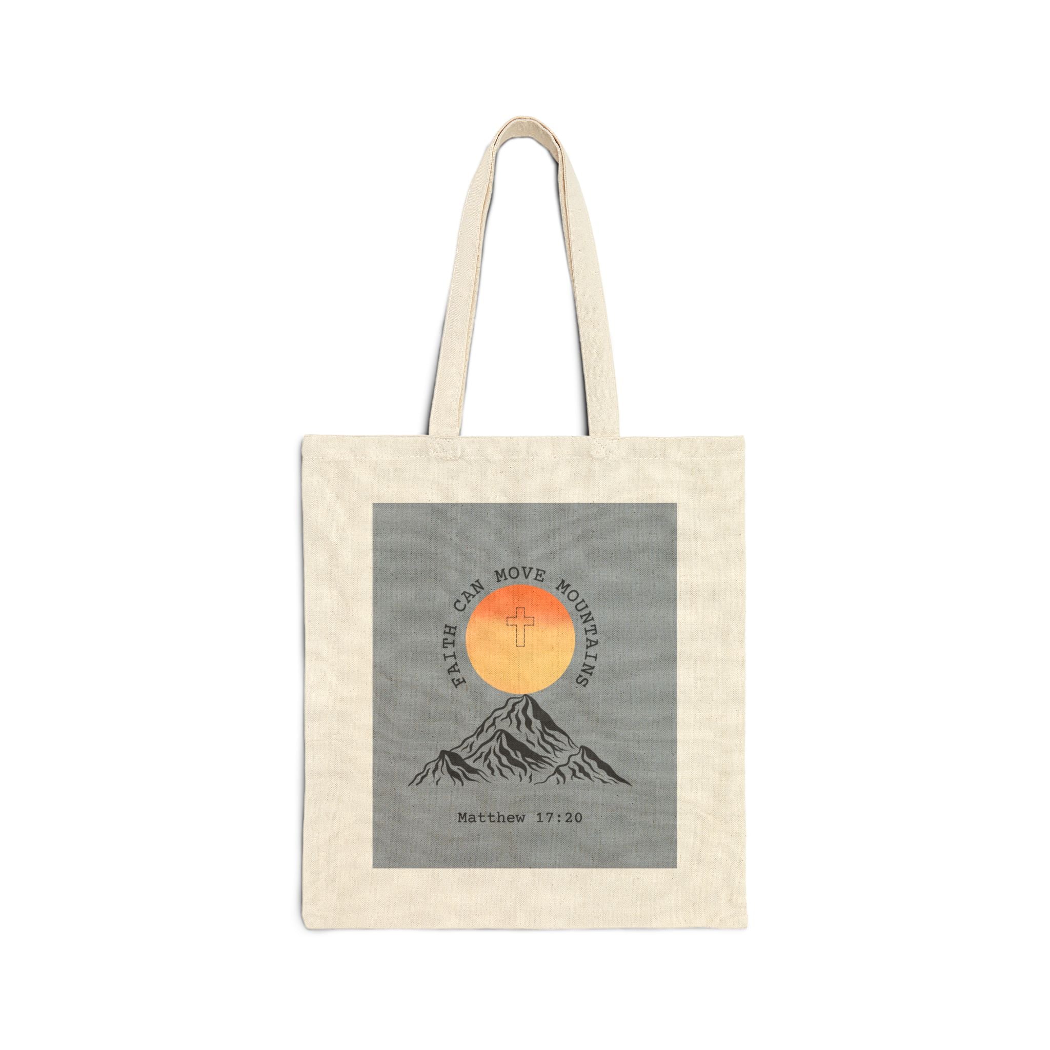 Canvas Tote Bag — 'Faith Can Move Mountains' Mountain Sunrise Bible Verse Tote (Matthew 17:20)