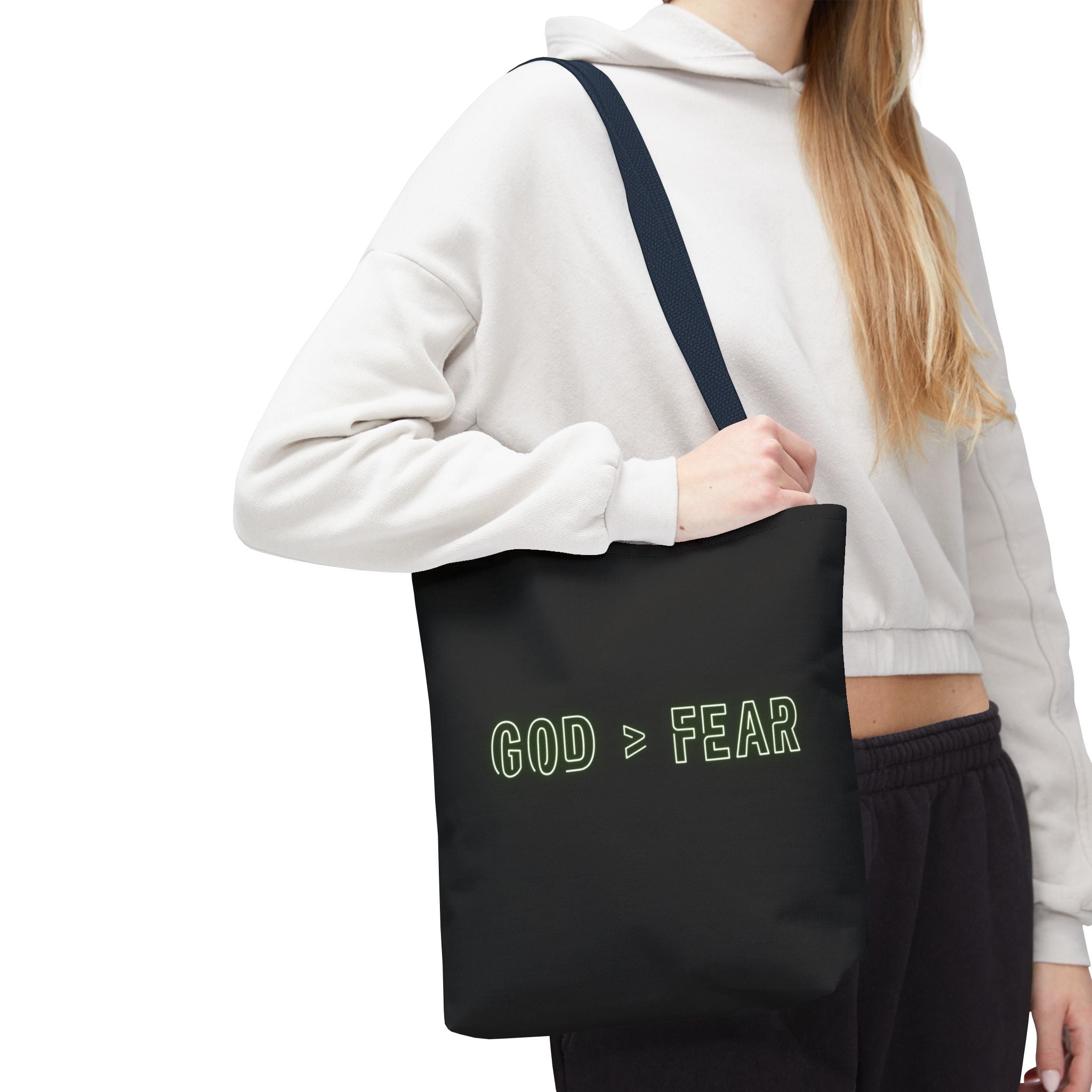 God & Faith Tote Bag — "GOD > FEAR" Inspirational Christian Canvas Tote