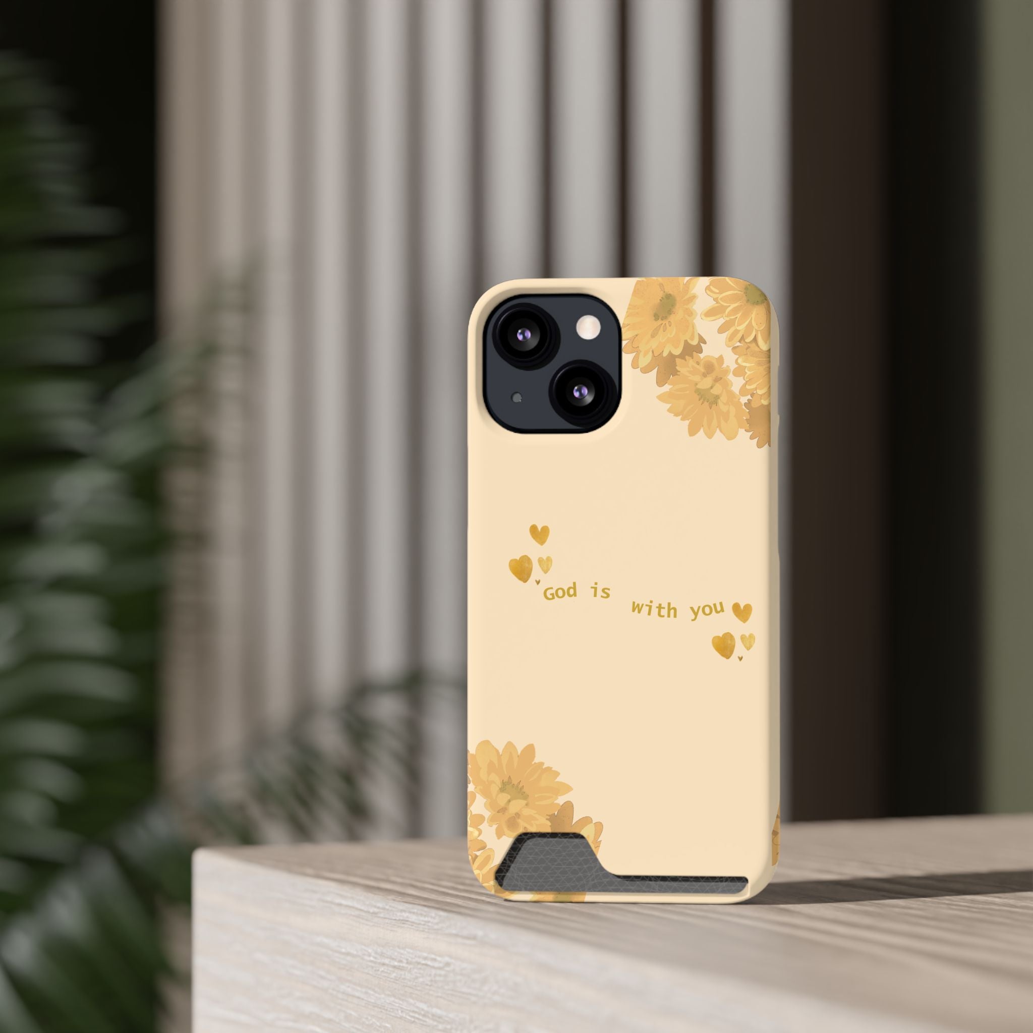 Sunflower Phone Card Case — "God Is With You" Religious Floral Wallet Case