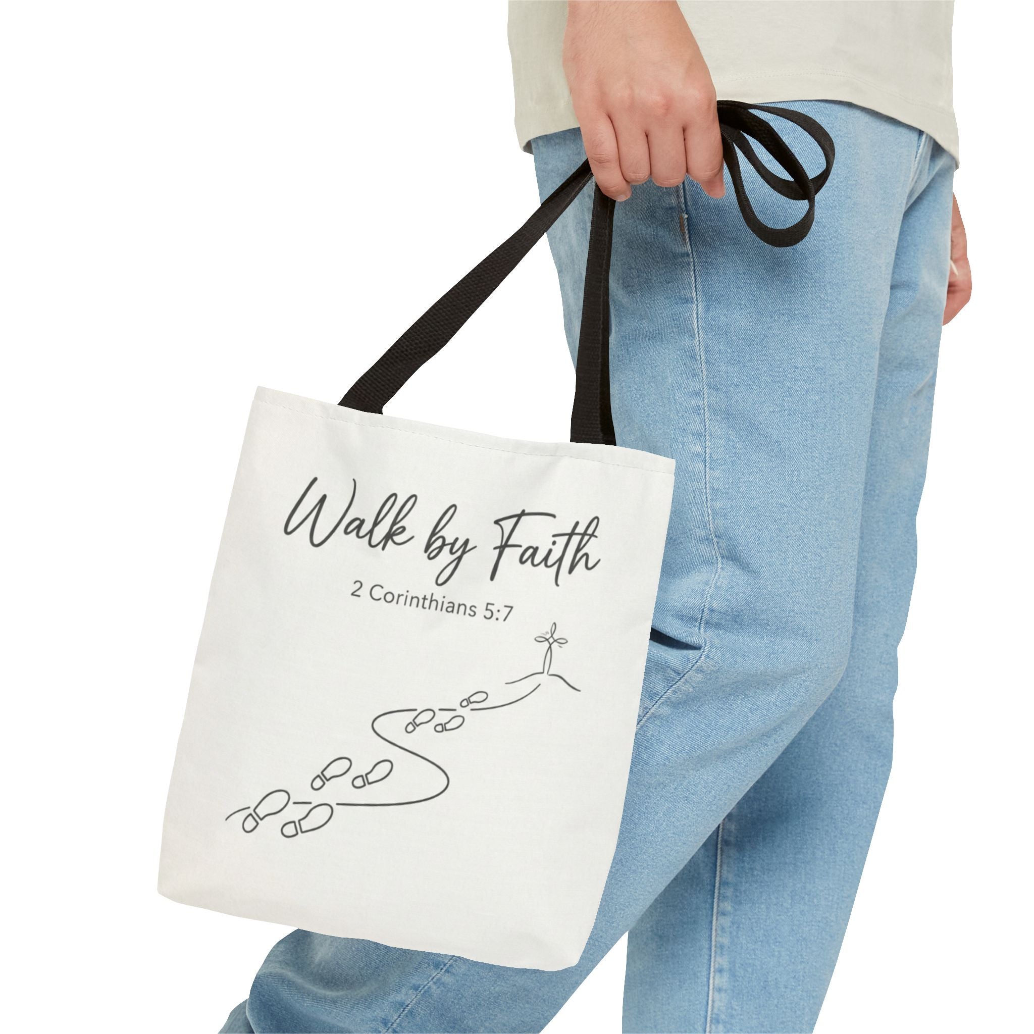 Walk by Faith Tote Bag — Inspirational Christian Scripture 2 Corinthians 5:7 Canvas Tote