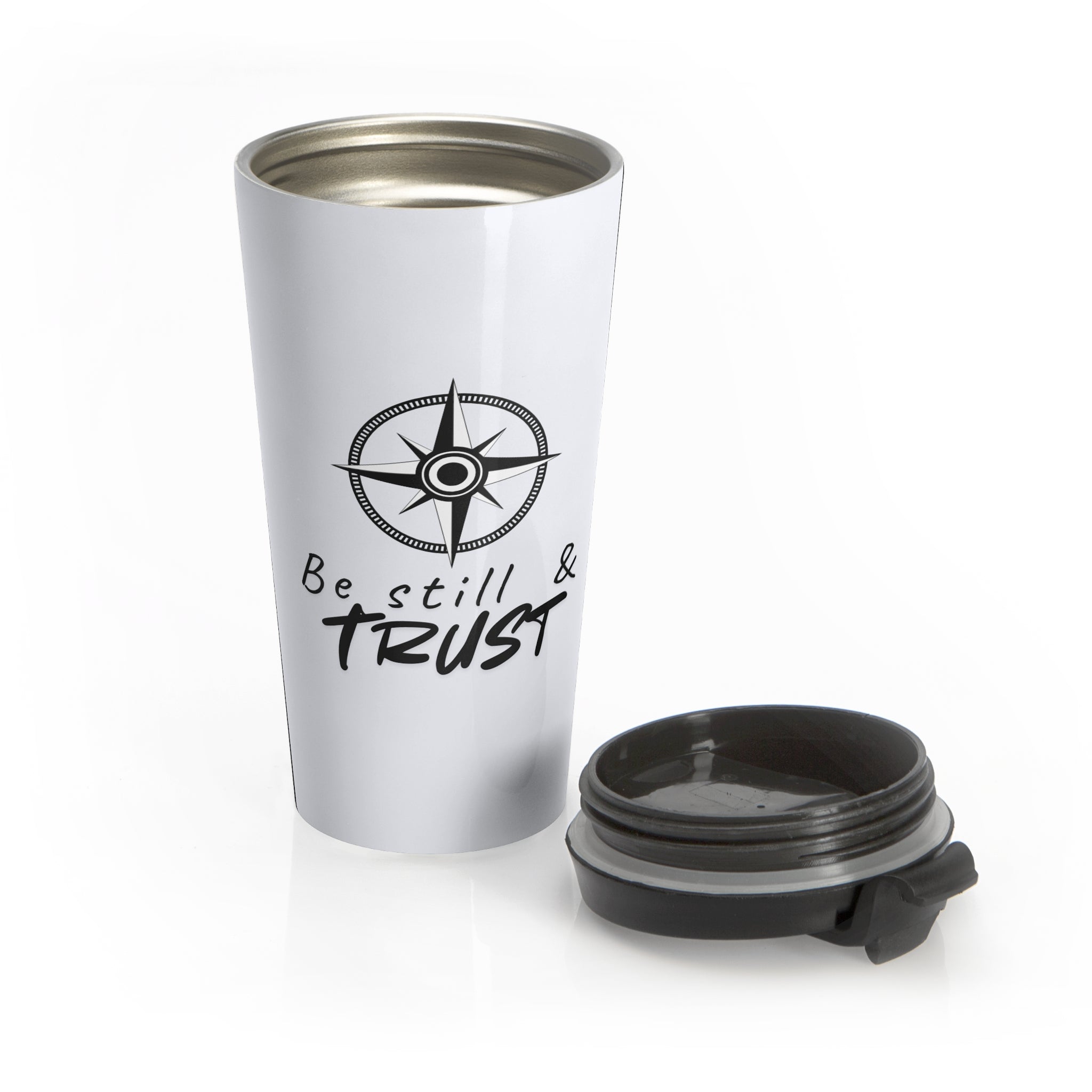 Travel Mug — Compass Design “Be Still & Trust” Stainless Steel Tumbler