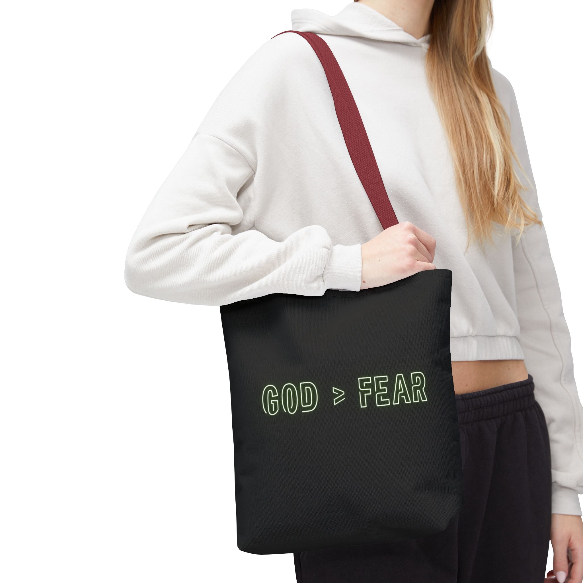 God & Faith Tote Bag — "GOD > FEAR" Inspirational Christian Canvas Tote