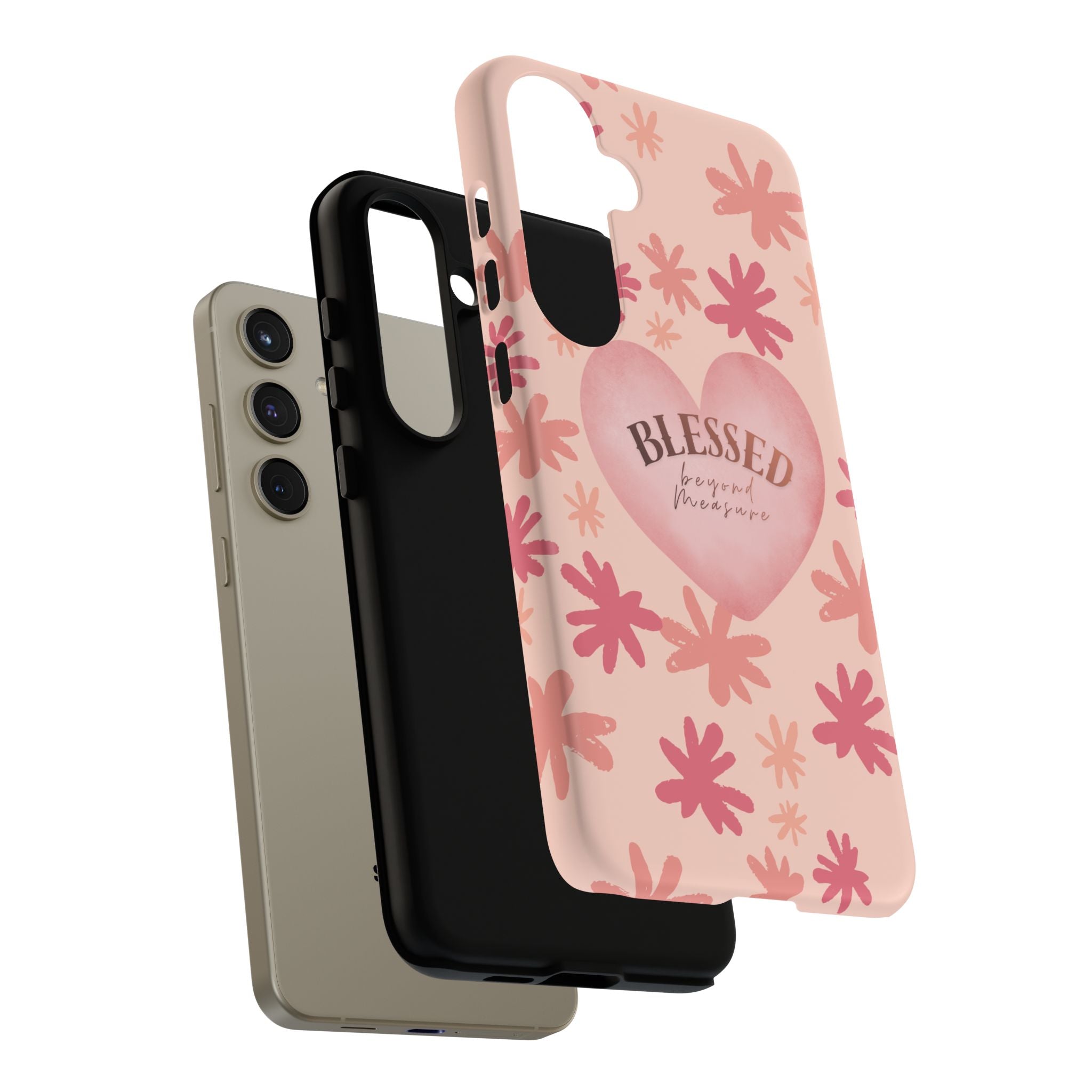 Blessed Heart Floral Phone Case — Pink 'Blessed Beyond Measure' Protective Tough Case