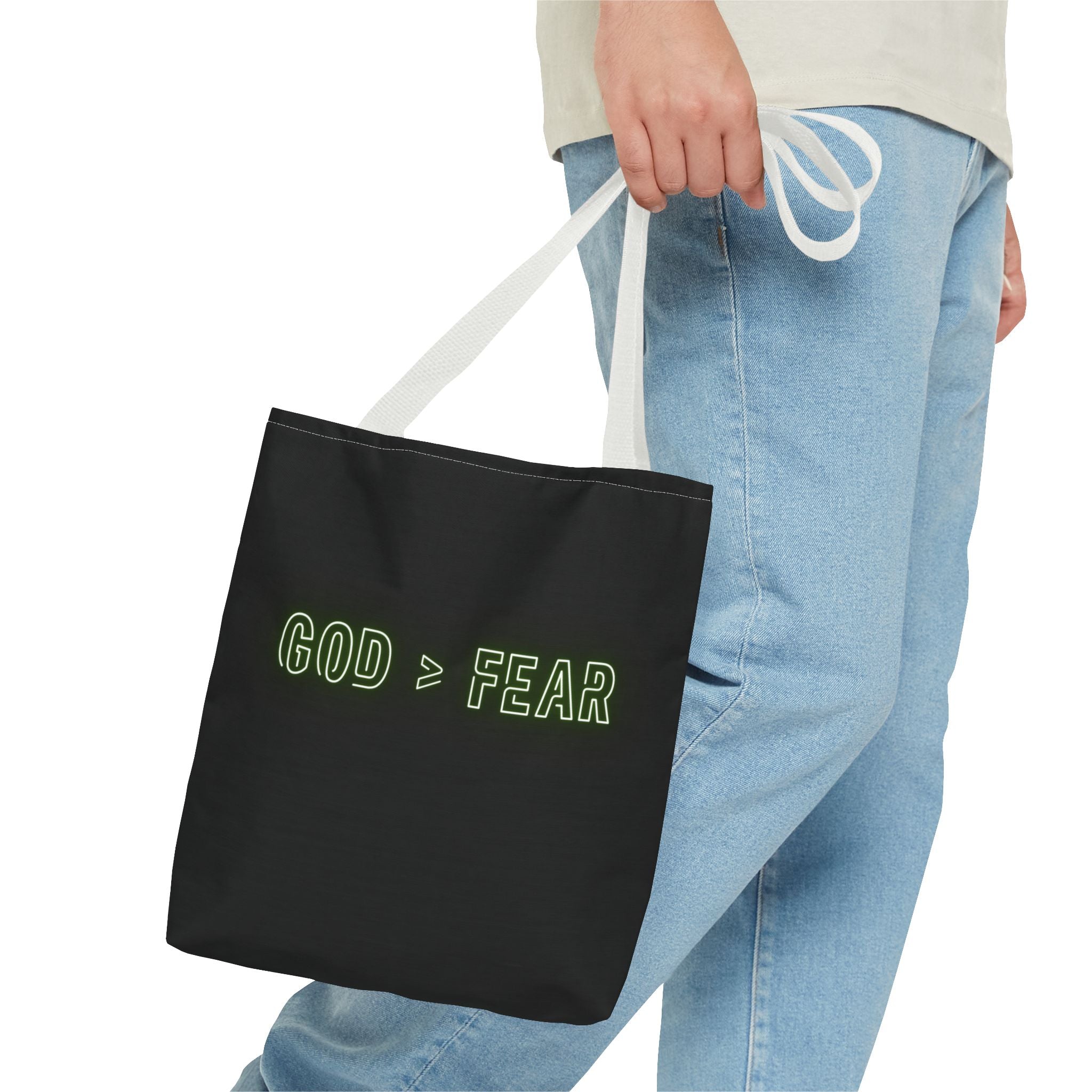 God & Faith Tote Bag — "GOD > FEAR" Inspirational Christian Canvas Tote