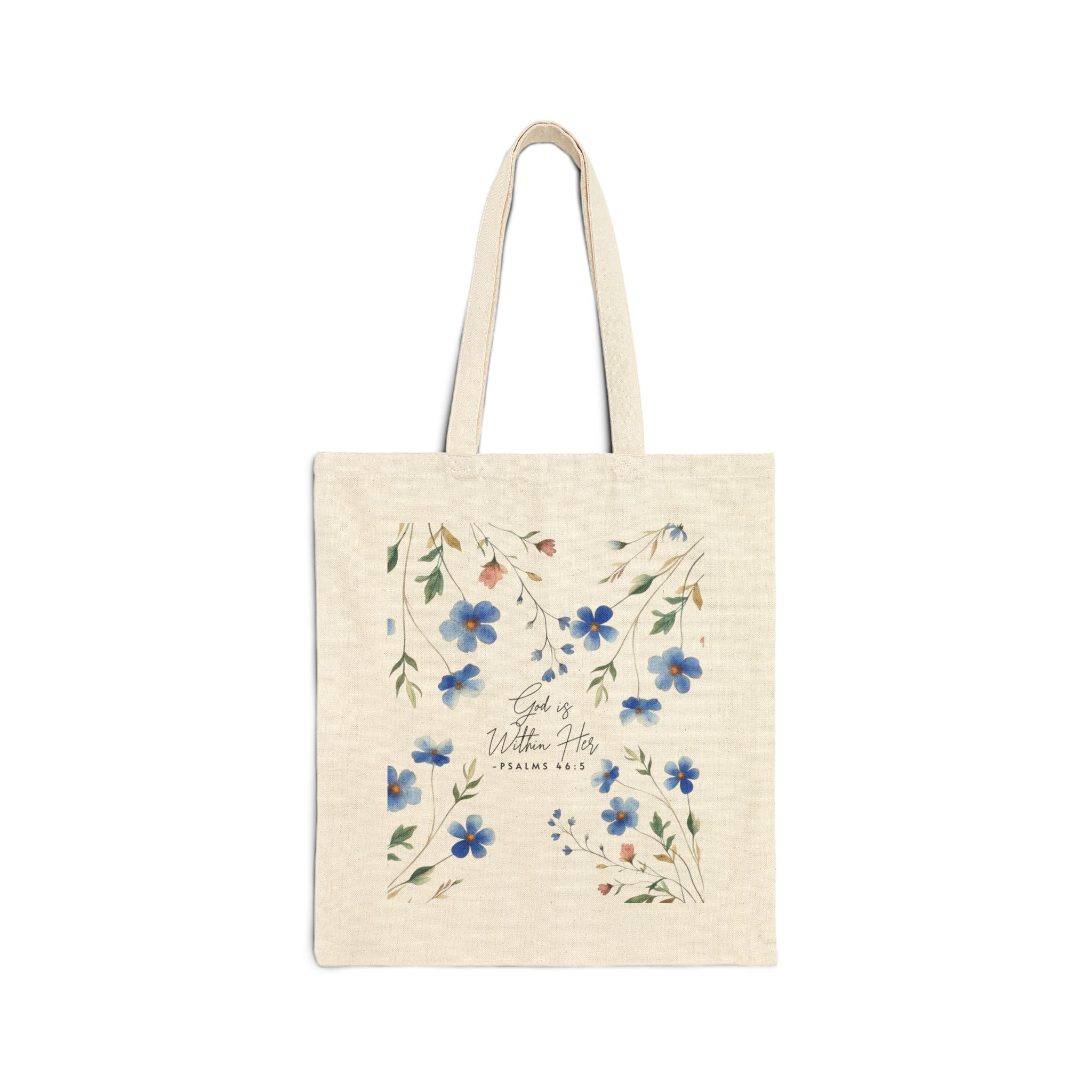 Floral Bible Verse Tote Bag — "Blessed is She" Cotton Canvas Book Bag