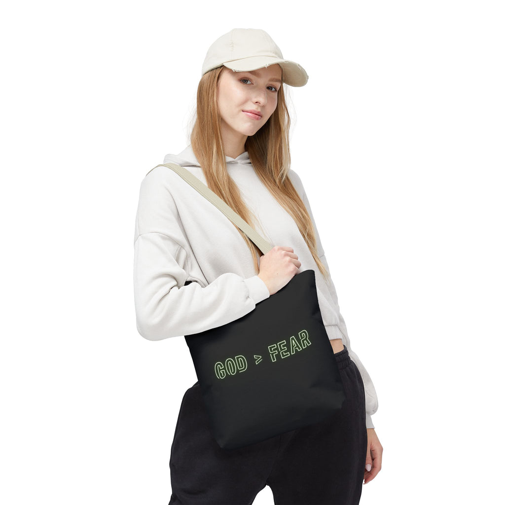 God & Faith Tote Bag — "GOD > FEAR" Inspirational Christian Canvas Tote
