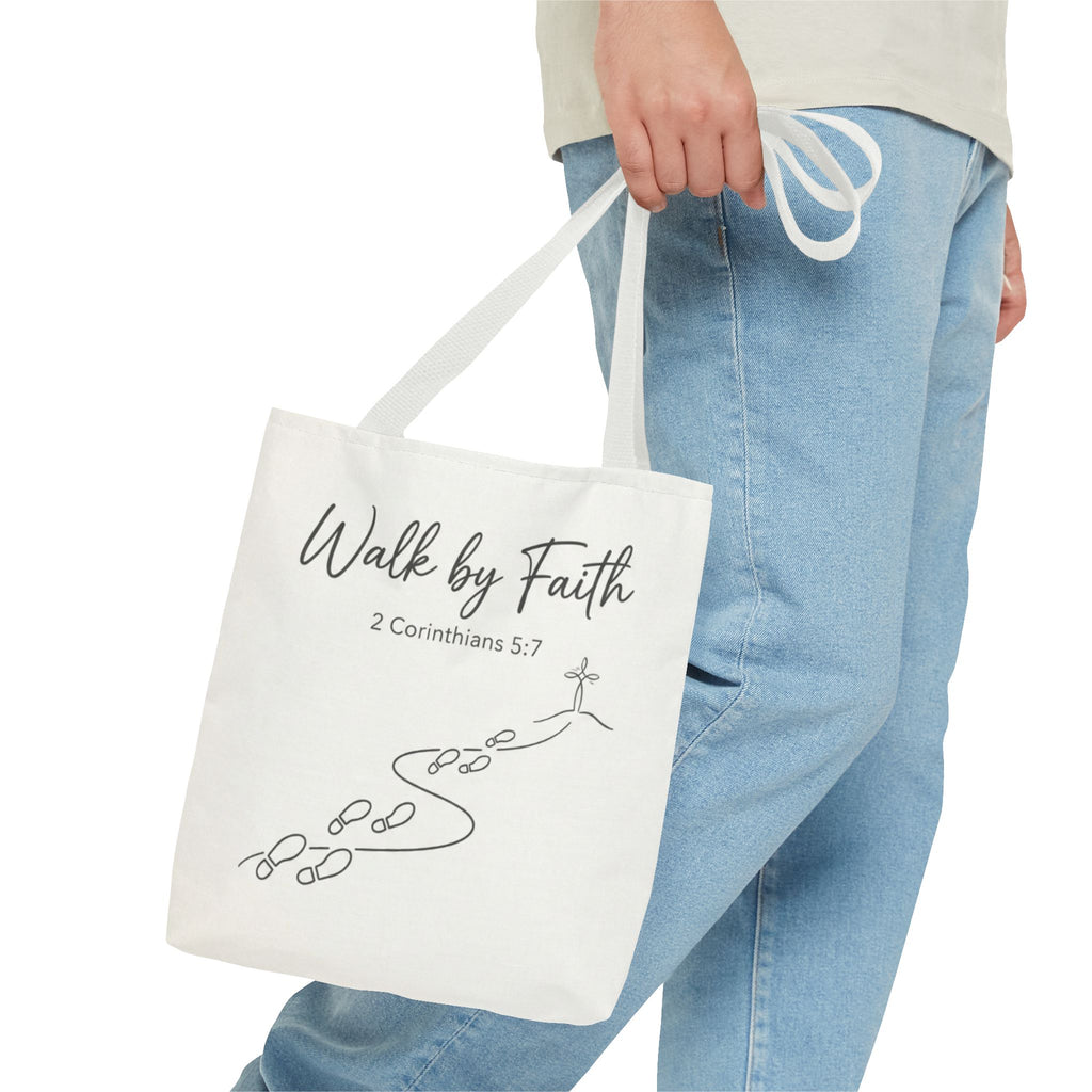 Walk by Faith Tote Bag — Inspirational Christian Scripture 2 Corinthians 5:7 Canvas Tote