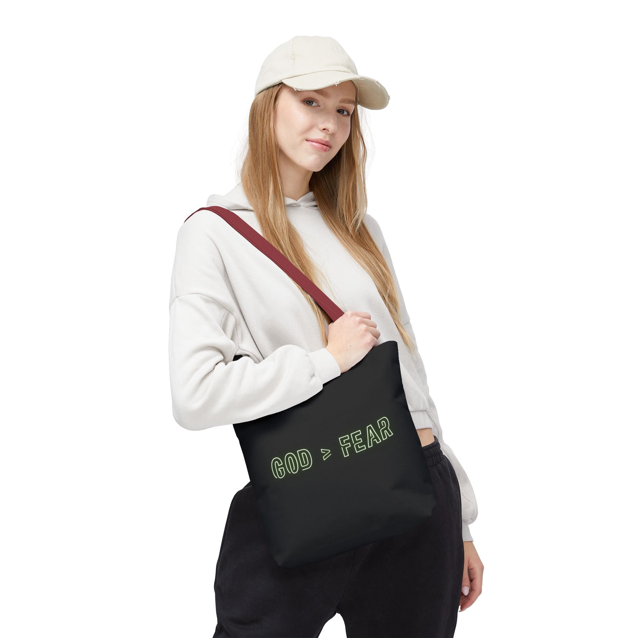 God & Faith Tote Bag — "GOD > FEAR" Inspirational Christian Canvas Tote