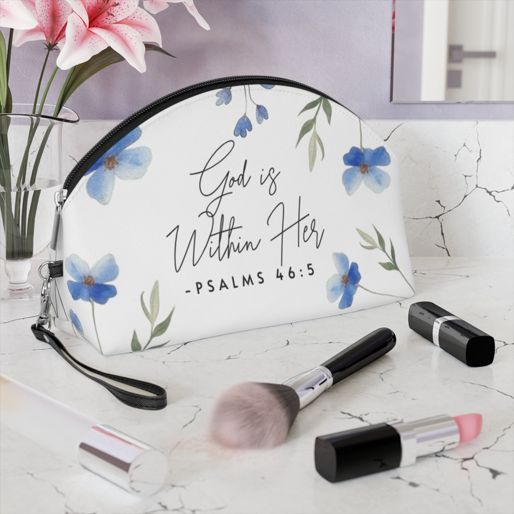 God Is Within Her Floral Makeup Bag — Psalms 46:5 Cosmetic Pouch