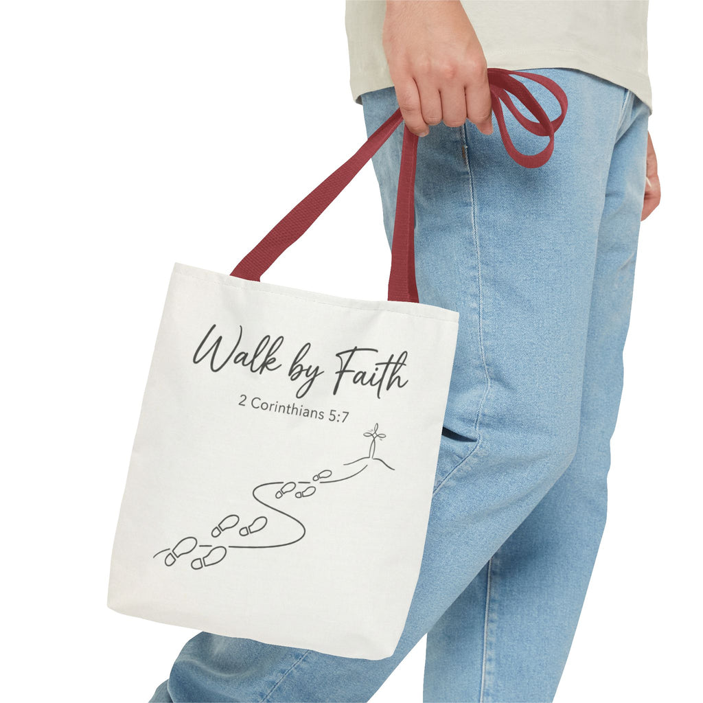 Walk by Faith Tote Bag — Inspirational Christian Scripture 2 Corinthians 5:7 Canvas Tote