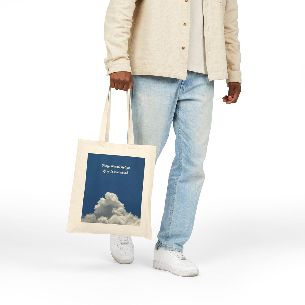 Tote Bag — "Pray. Trust. Let go. God is in control" Cloud Print
