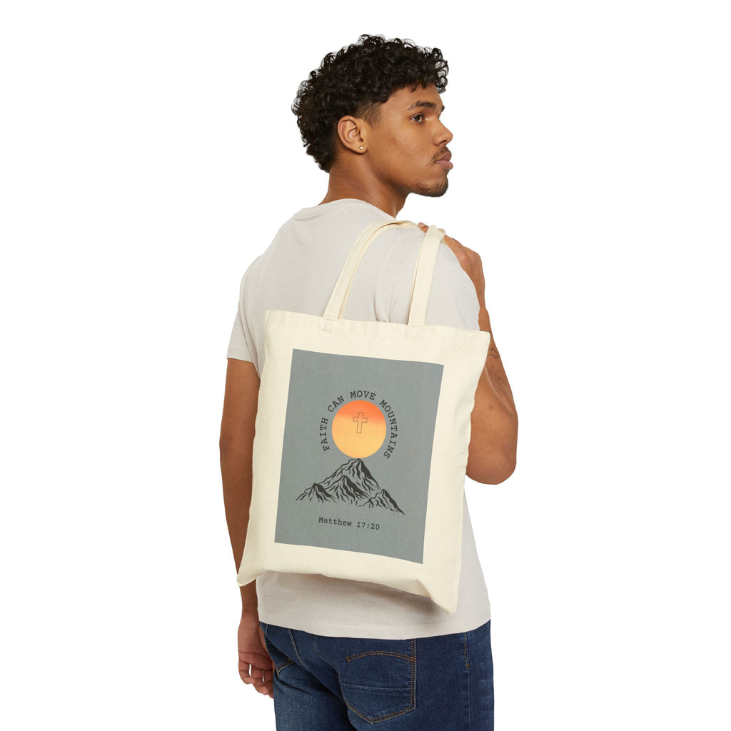 Canvas Tote Bag — 'Faith Can Move Mountains' Mountain Sunrise Bible Verse Tote (Matthew 17:20)