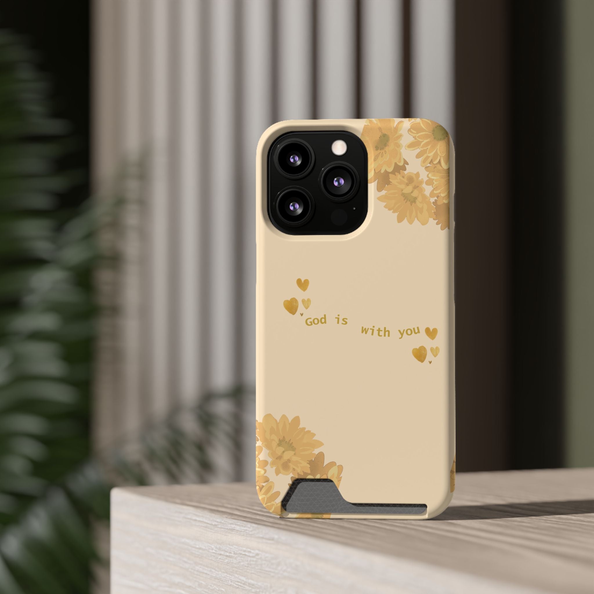Sunflower Phone Card Case — "God Is With You" Religious Floral Wallet Case