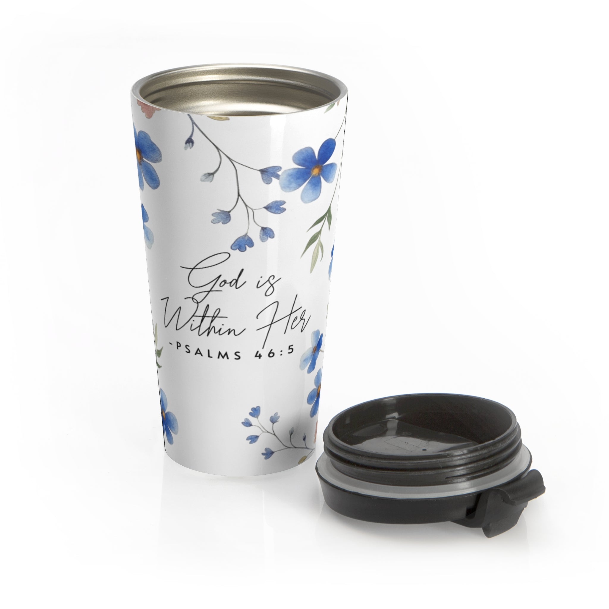 Floral Scripture Travel Mug — "God is Within Her" (Psalms 46:5)