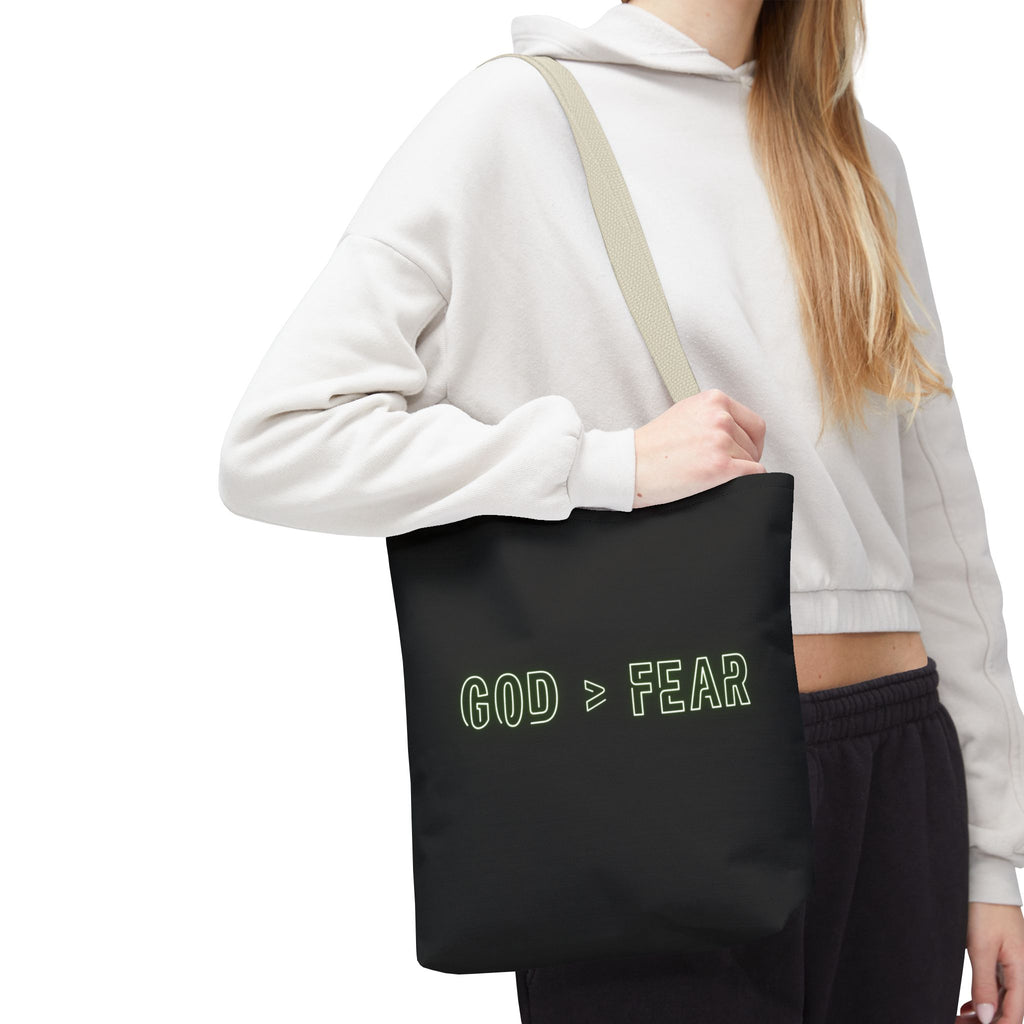 God & Faith Tote Bag — "GOD > FEAR" Inspirational Christian Canvas Tote